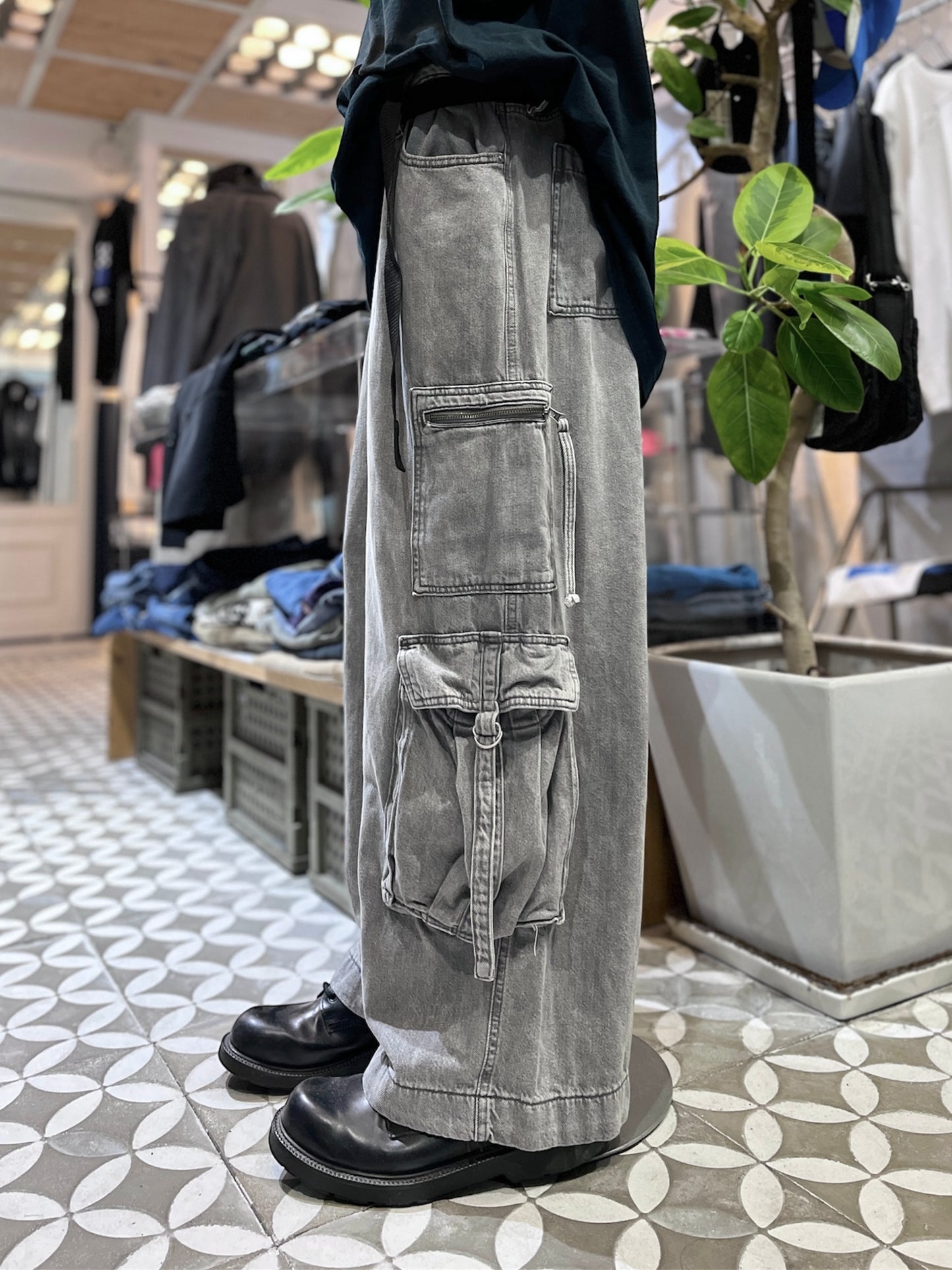 Grey Wide Denim Cargo pants