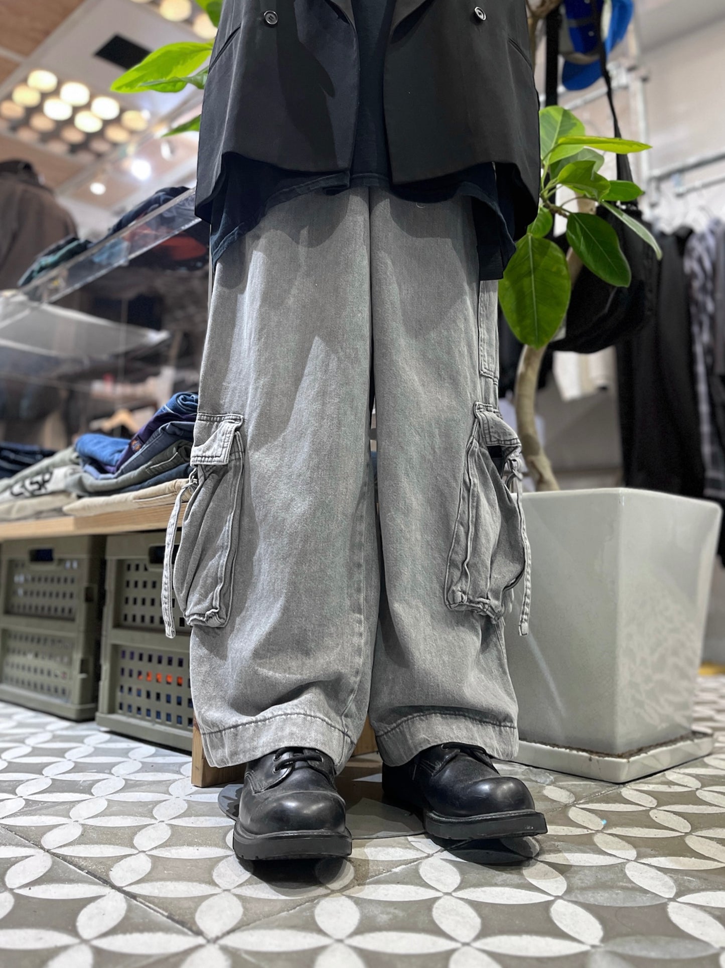 Grey Wide Denim Cargo pants