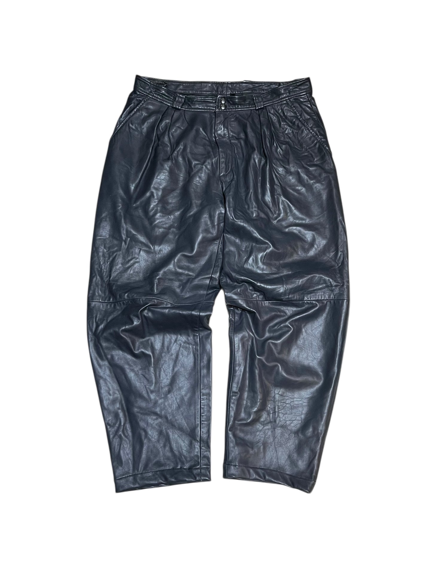 Vintage Grey Real Leather Wide Leg Trousers