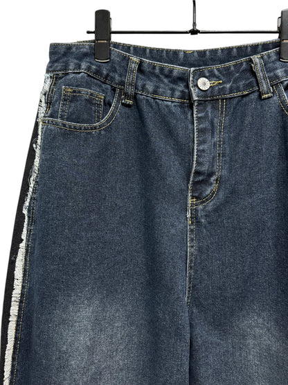 Side Fringe Color Block Denim Pants