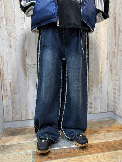 Side Fringe Color Block Denim Pants
