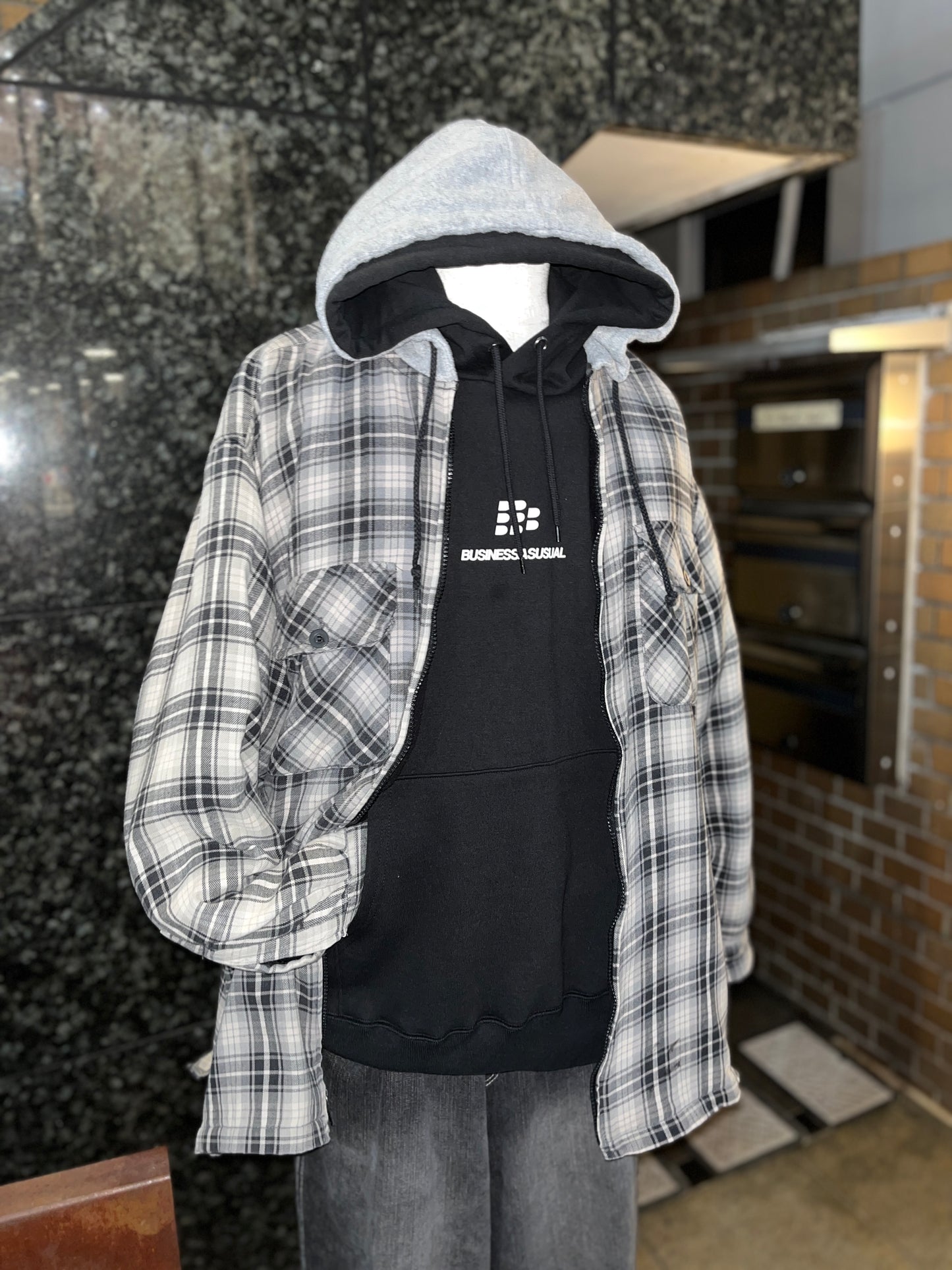 Fleece liner check shirt hoodie jacket