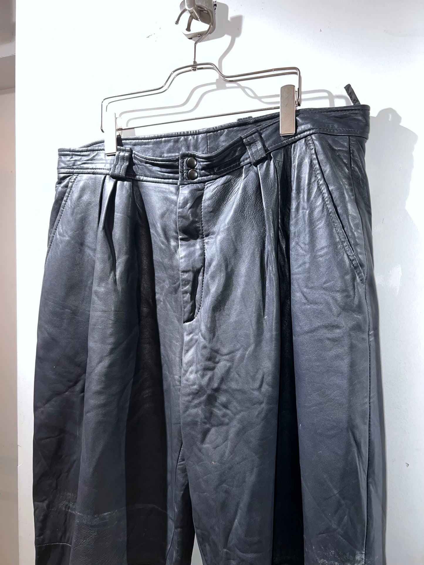 Vintage Grey Real Leather Wide Leg Trousers