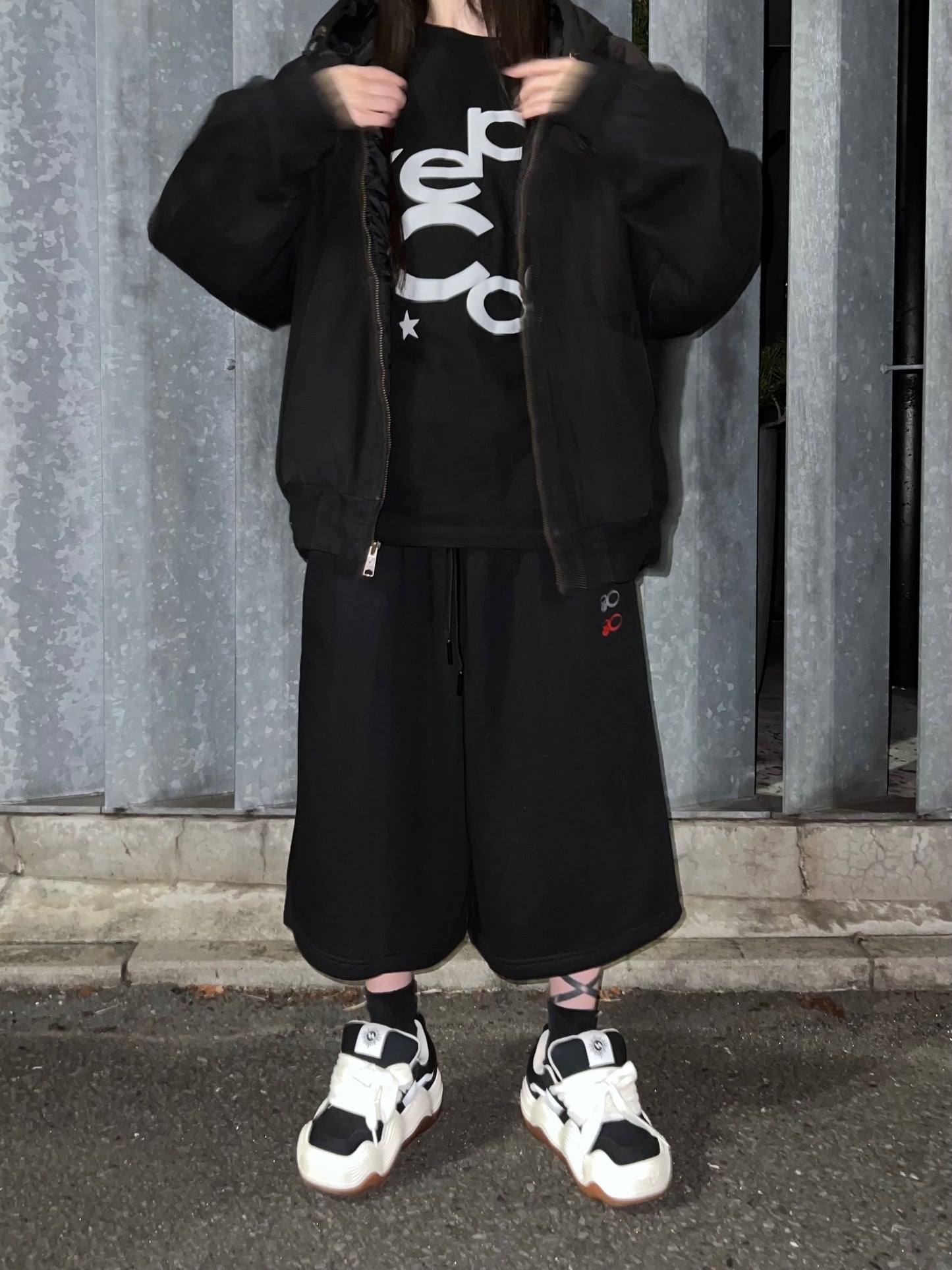 DOUBLE LOGO SWEAT HALF PANTS (BLACK)