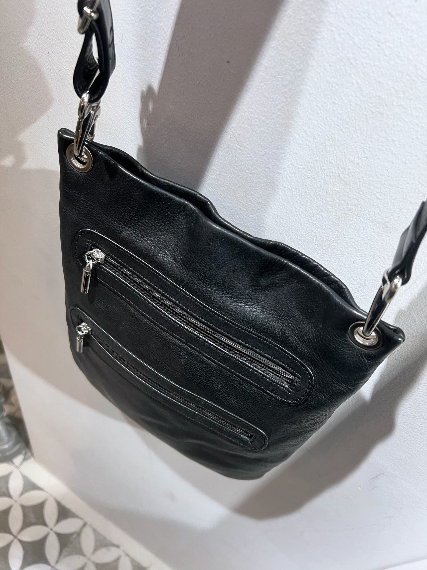 Double Zipper Leather Shoulder Bag