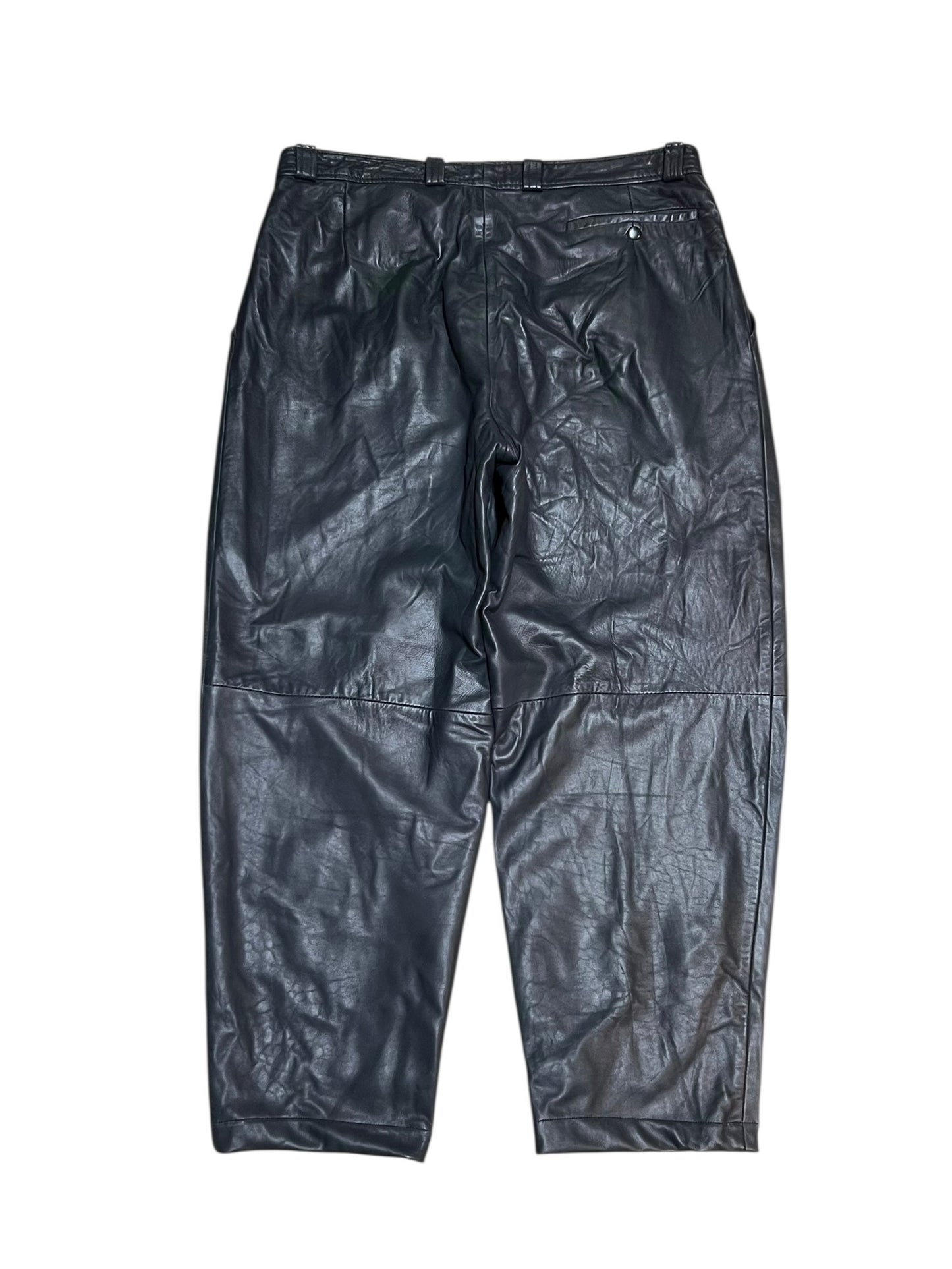 Vintage Grey Real Leather Wide Leg Trousers