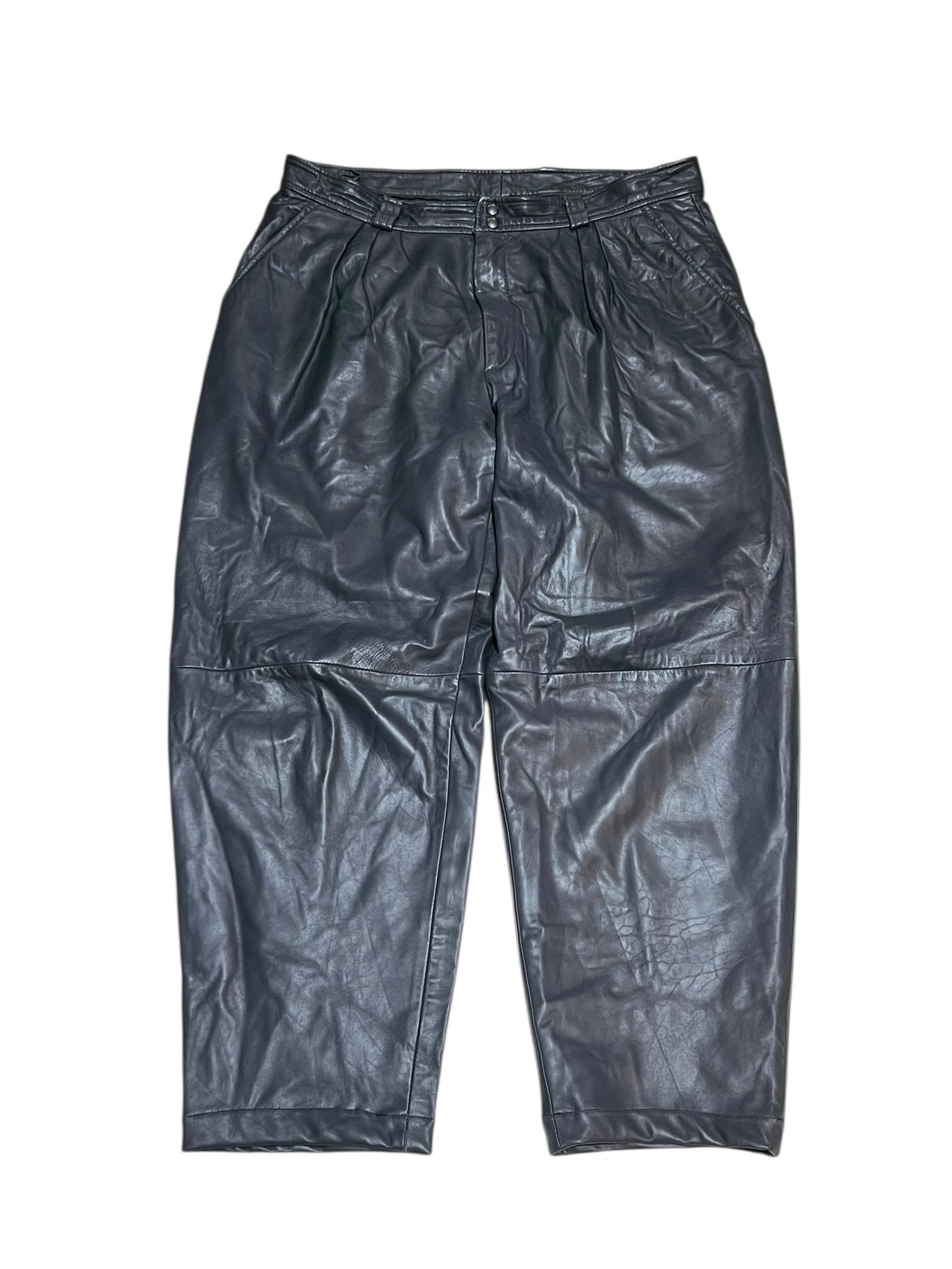 Vintage Grey Real Leather Wide Leg Trousers